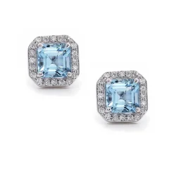 Asscher Cut Aquamarine Halo Diamond Studs