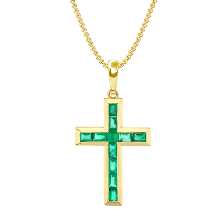 Bezel Set Green Emerald Cross Necklace