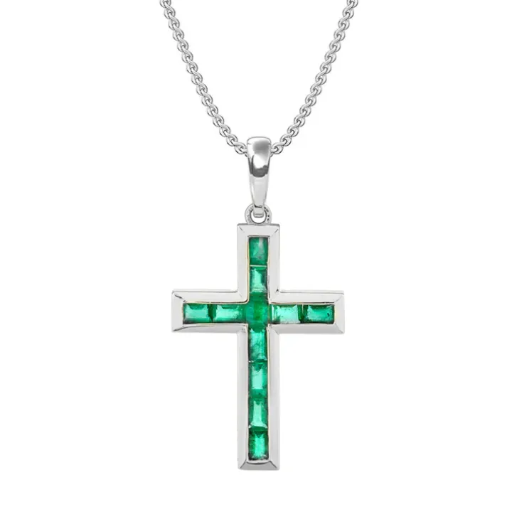 Bezel Set Green Emerald Cross Necklace