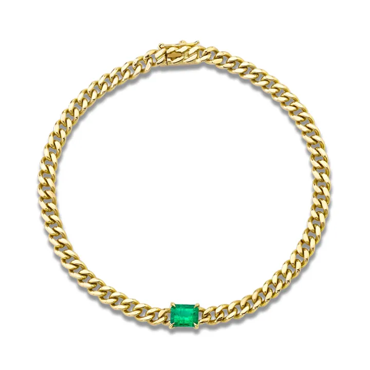 Cuban Link Bracelet with Green Emerald