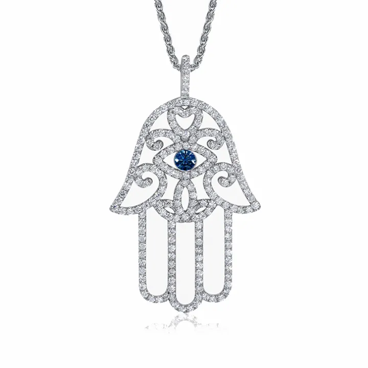Diamond Hamsa Hand Necklace with Blue Sapphire