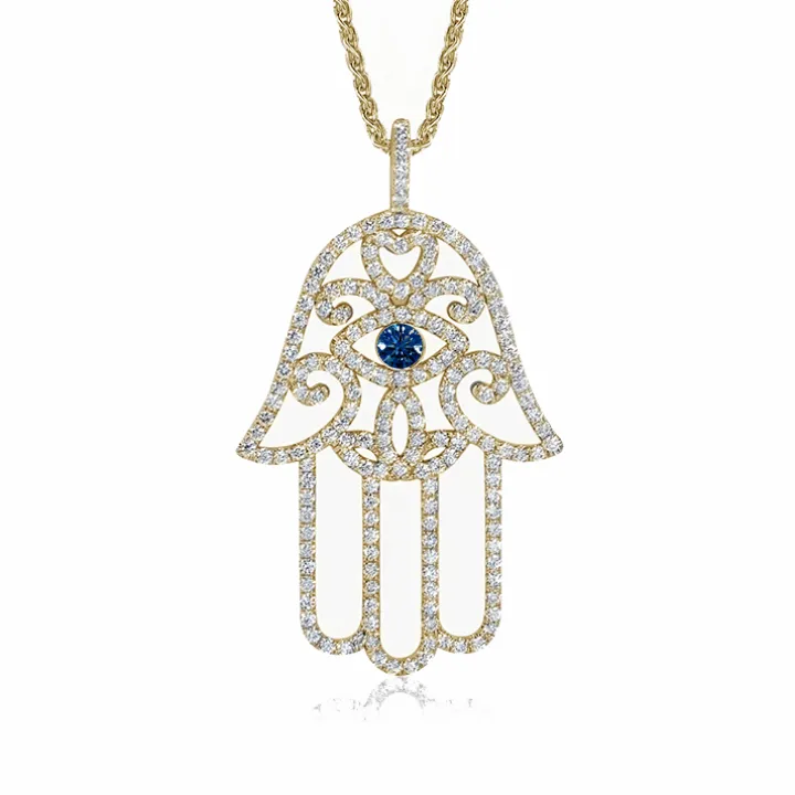 Diamond Hamsa Hand Necklace with Blue Sapphire