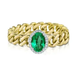Green Emerald Oval Halo Chain Link Ring