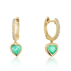 Heart Huggies with Green Emeralds and Diamonds