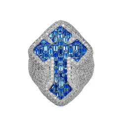 Men's Iced Out Blue Sapphire Cross Ring