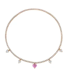 Pink Sapphire and Diamond Dangling Heart Tennis Necklace
