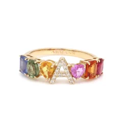 Rainbow Sapphire Diamond Initial Ring