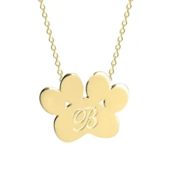 Solid Gold Paw Print Necklace with Initial Engraving