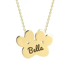 Solid Gold Paw Print Necklace with Name Engraving